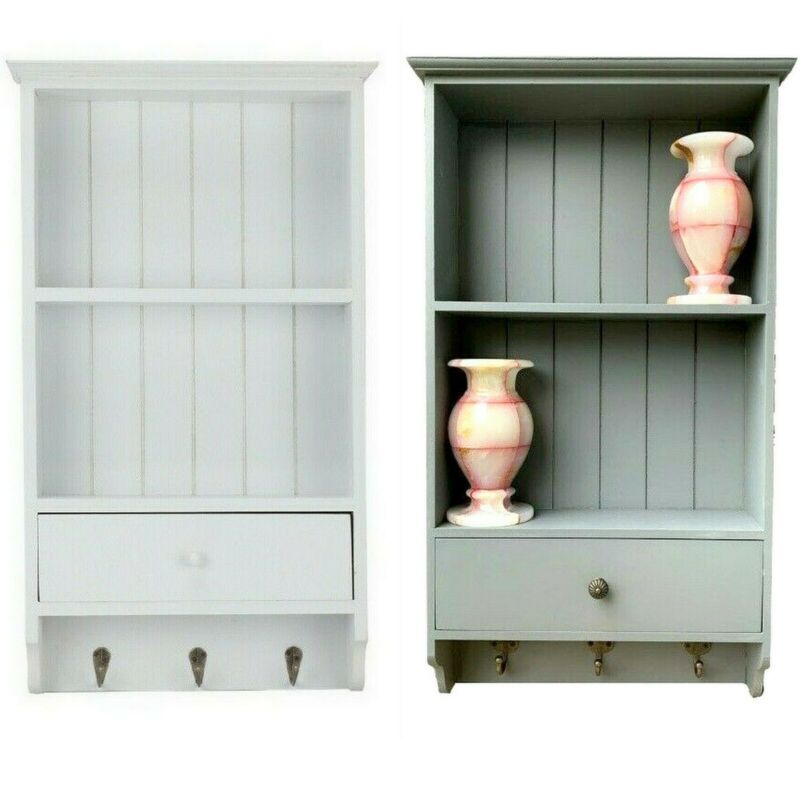 Vintage Wooden Shabby Chic Key Storage with Shelves - Grey