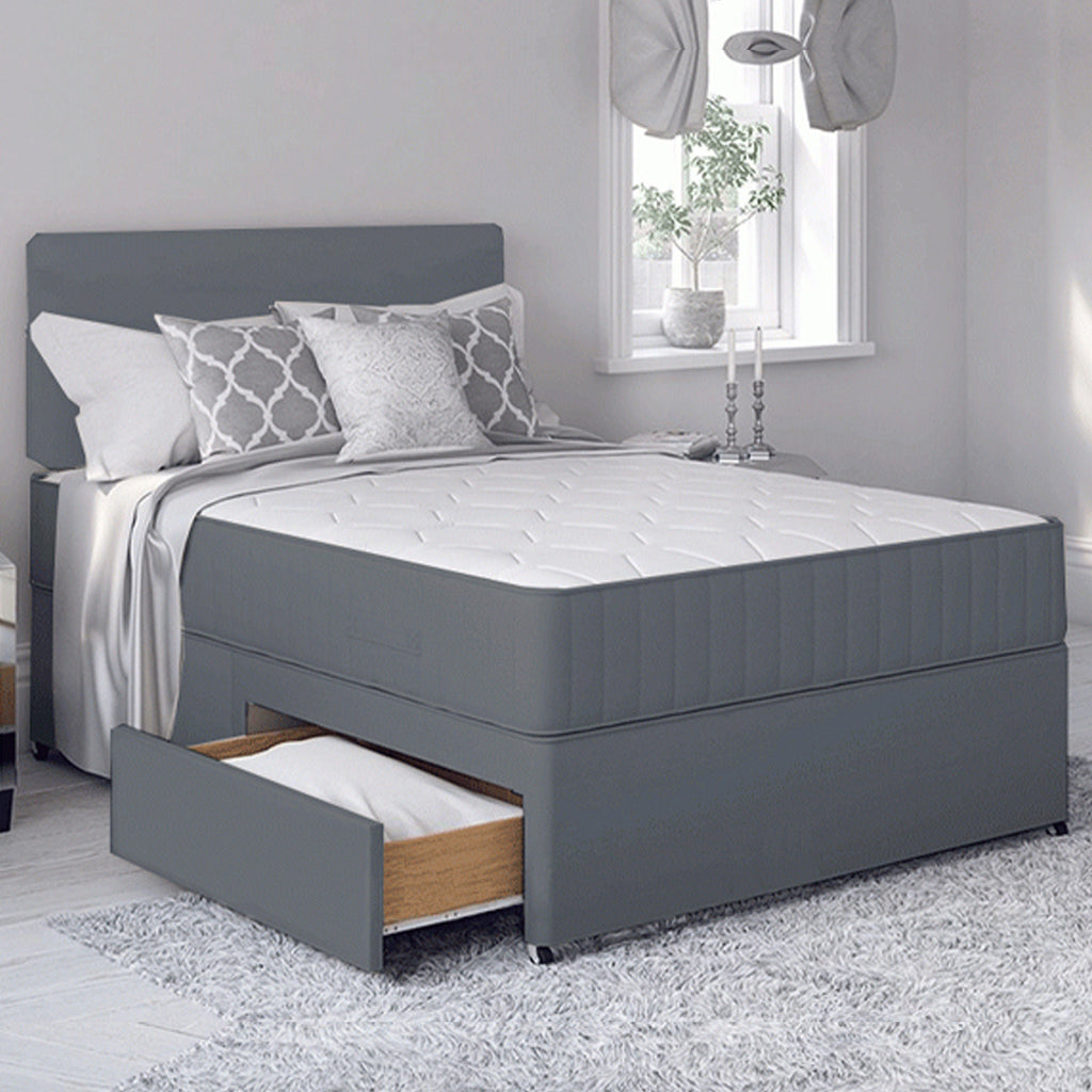 Nempnett Grey Fabric Divan Set + Headboard + Spring Memory Foam Mattress (Small Single-Superking Size)